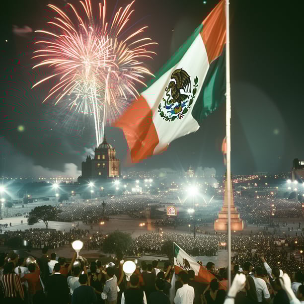 a flag flying in the air with fireworks in the background in mexico