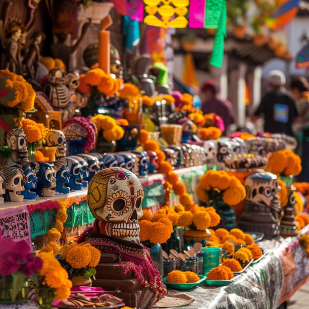 a table with a lot of skull decorations for day of the dead in oaxaca, mexico a table with a lot of skull decorations for day of the dead in oaxaca, mexico
