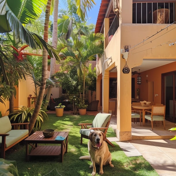 a dog sitting on the grass in a backyard of a home in mexico a dog sitting on the grass in a backyard of a home in mexico