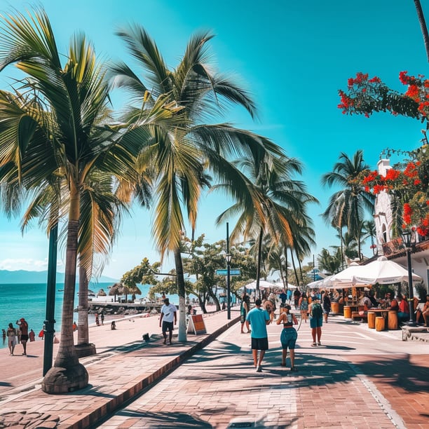 a group of people walking down a street beside the beach in puerto vallarta, mexico a group of people walking down a street beside the beach in puerto vallarta, mexico