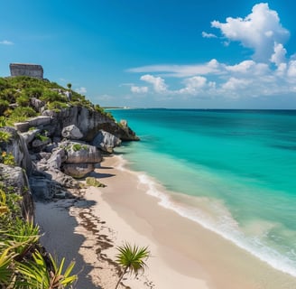 a beach with a cliff and a view of the ocean in riviera maya, mexico a beach with a cliff and a view of the ocean in riviera maya, mexico