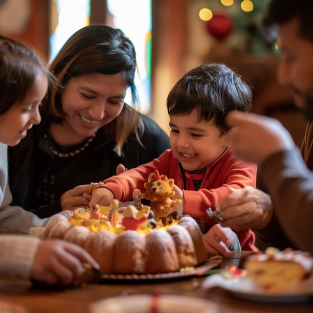 a family sitting at a table with a cake
