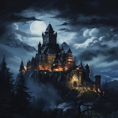 A majestic castle nestled in the woods, illuminated by a full moon in the night sky, creating a mystical atmosphere.