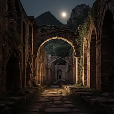 A serene moonlit path guides the way to an ancient archway nestled within a historic building.