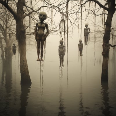 A serene scene featuring a group of statues partially submerged in water, surrounded by lush green trees.