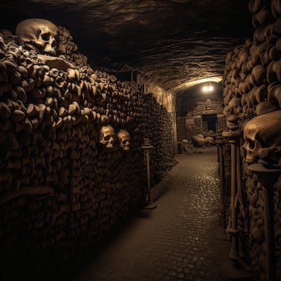 A dark tunnel filled with numerous skulls and bones, creating an eerie and foreboding atmosphere.
