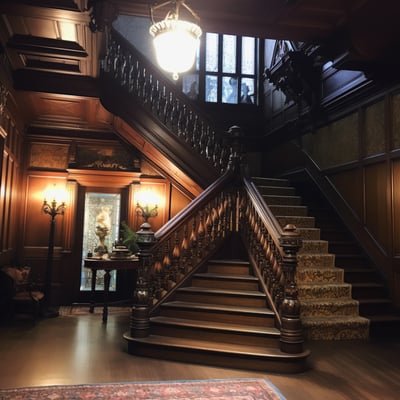 The grand staircase at the Kennedy Mansion, showcasing elegant architecture and rich historical details.