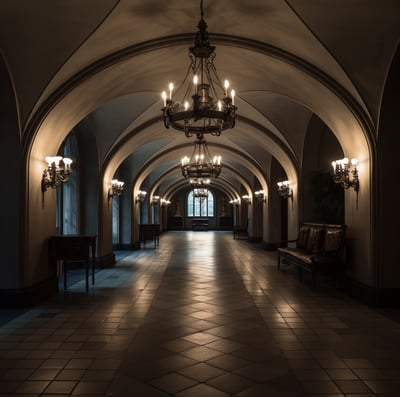 A long hallway featuring an elegant chandelier and wooden benches along the sides, creating a welcoming atmosphere.
