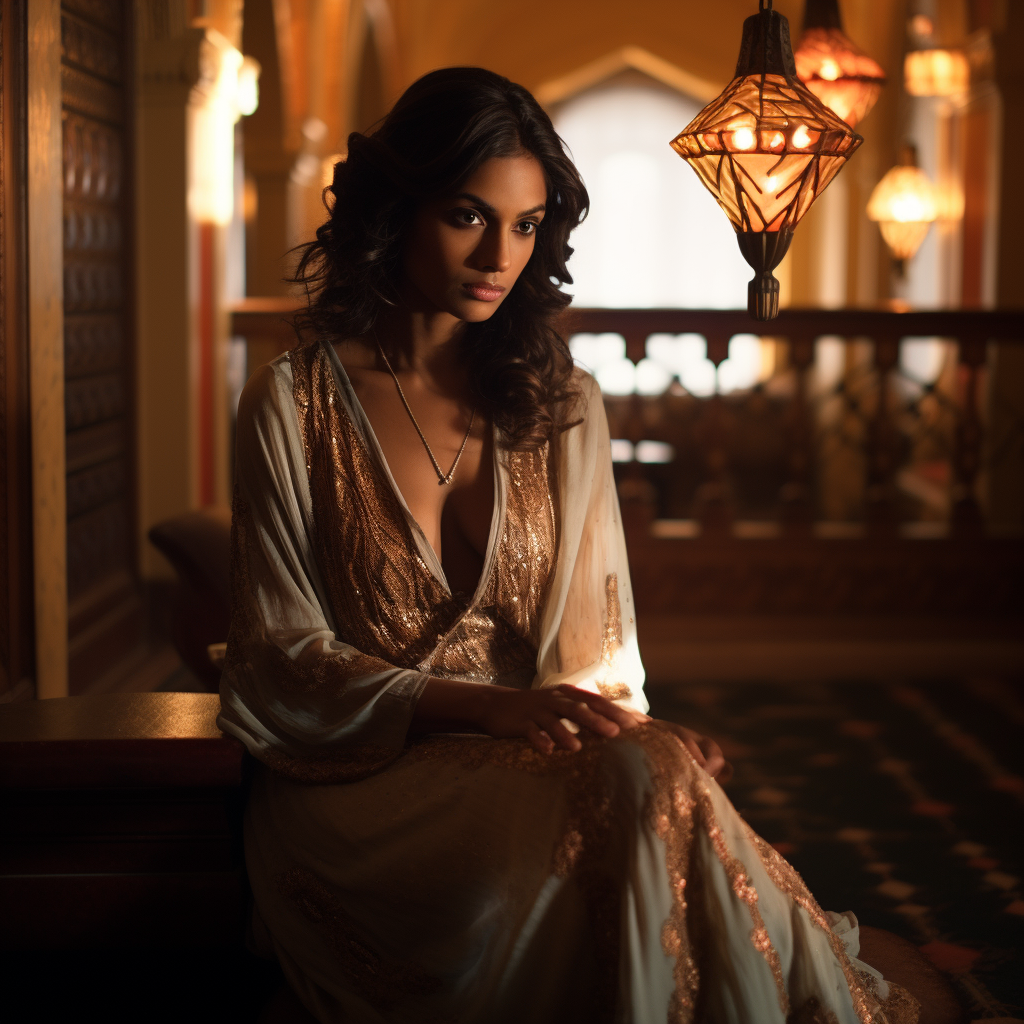 A woman in a shimmering gold dress elegantly seated on a bench, exuding grace and sophistication.