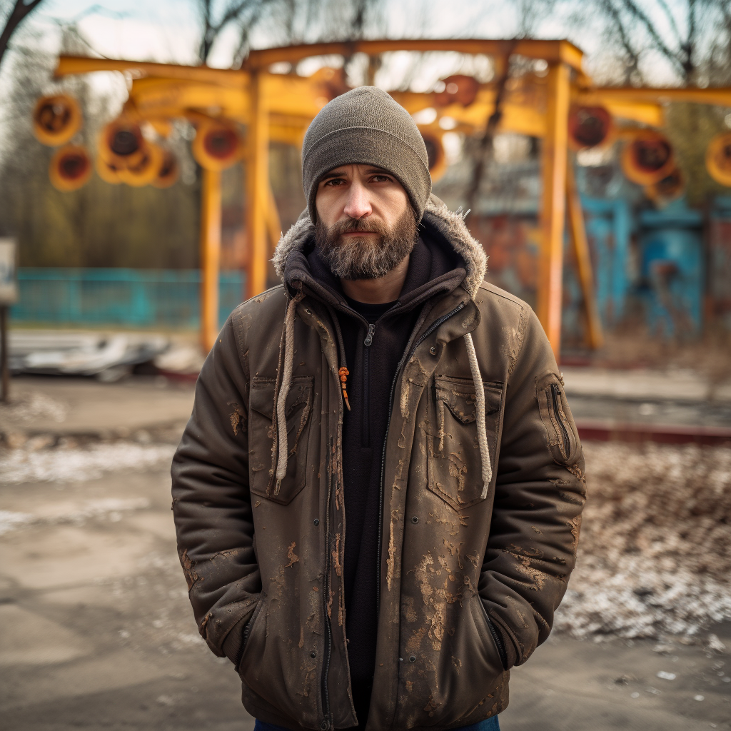 A bearded man wearing a beanie stands in front of a building, showcasing a casual yet stylish appearance.