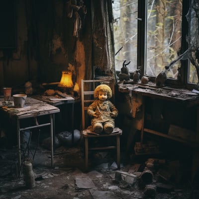 An old teddy bear rests in a chair within a deserted, dilapidated room, evoking a sense of nostalgia and abandonment.