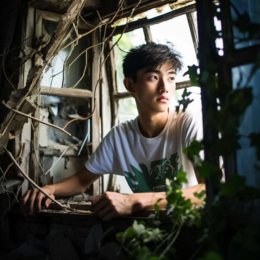 A man is seated by a window, gazing outside, with soft light illuminating his thoughtful expression.
