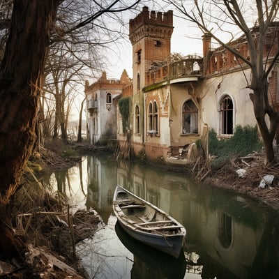  An abandoned boat floats in the water beside a historic castle, evoking a sense of mystery and nostalgia.