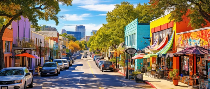 a street scene in Austin, Texas with cars parked a street scene in Austin, Texas with cars parked