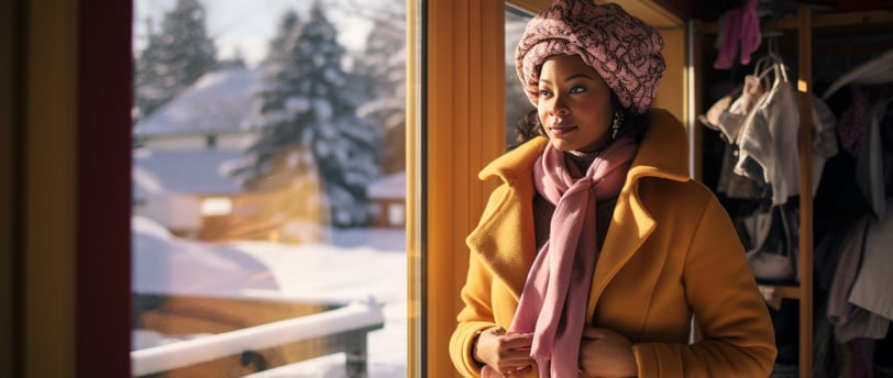a woman dressed for the cold weather in a yellow coat and pink scarf a woman dressed for the cold weather in a yellow coat and pink scarf