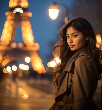 a woman in a trench coat standing in front of the Eiffel tower a woman in a trench coat standing in front of the Eiffel tower