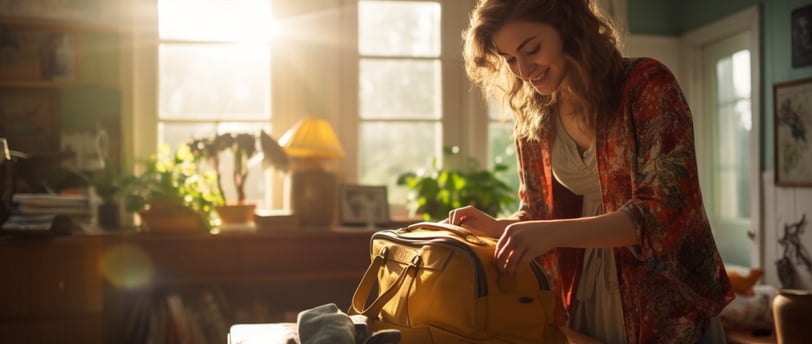 a woman is standing in a room with a yellow bag a woman is standing in a room with a yellow bag