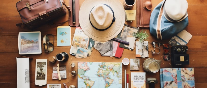 a hat with and other travel essentials laid out on a table a hat with and other travel essentials laid out on a table