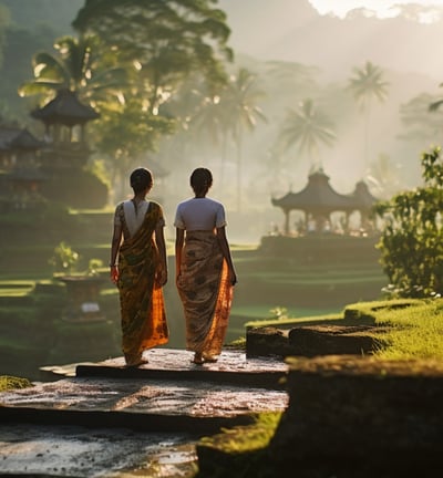 two women walking up a path in a lush green field in Bali two women walking up a path in a lush green field in Bali