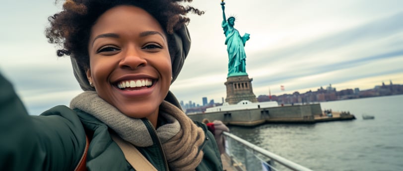 a woman in a green jacket and scarf on a New York ferry a woman in a green jacket and scarf on a New York ferry