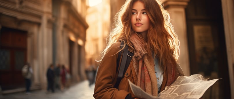 a woman in a coat and scarf standing in a city in Europe a woman in a coat and scarf standing in a city in Europe