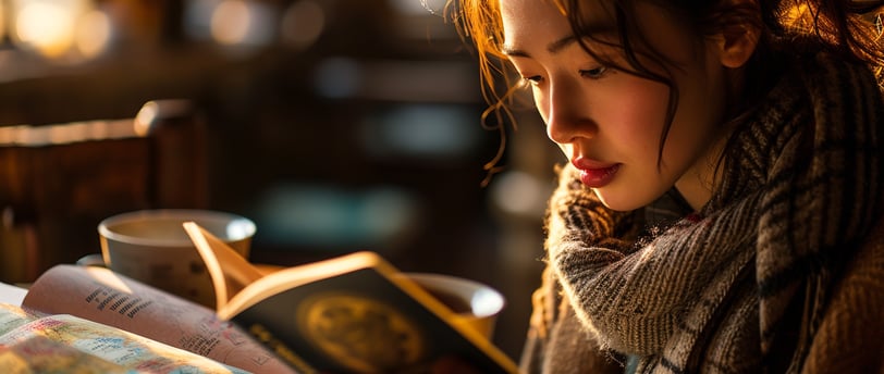 a woman is reading a travel book a woman is reading a travel book