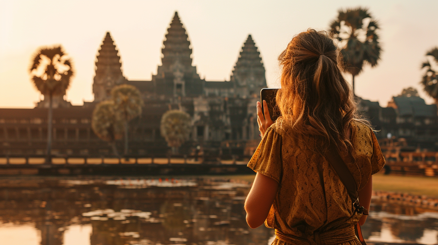 a woman taking a picture of a temple in the afternoon a woman taking a picture of a temple in the afternoon