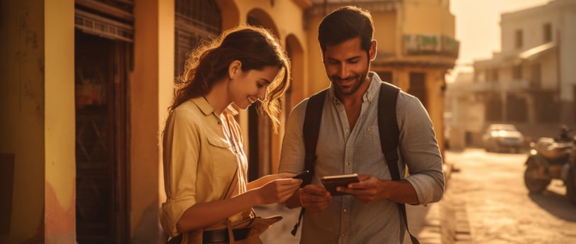 a man and woman standing in front of a building in Mexico