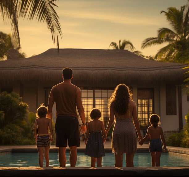 a family standing in front of a vacation house in Mexico