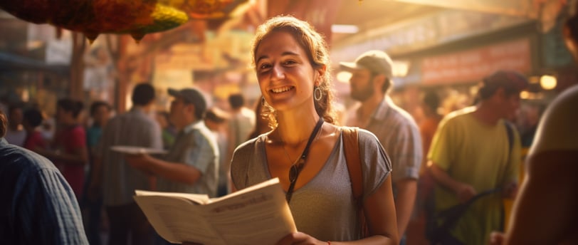 a woman in a gray shirt holding a traveler's guide to Mexico