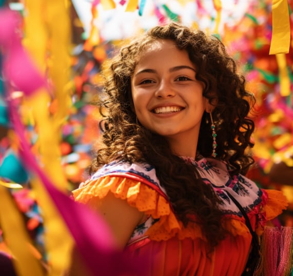 a young woman in a colorful dress at a Mexican fiesta