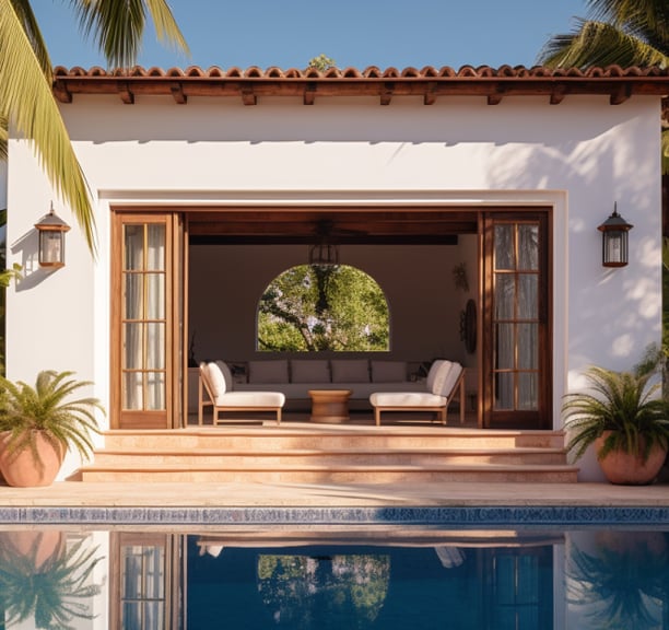 a villa with a pool and palm trees in Mexico