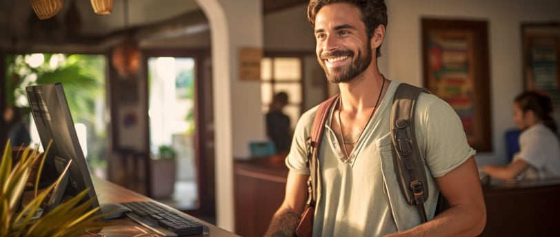 a backpacker standing in front of a hotel check-in desk