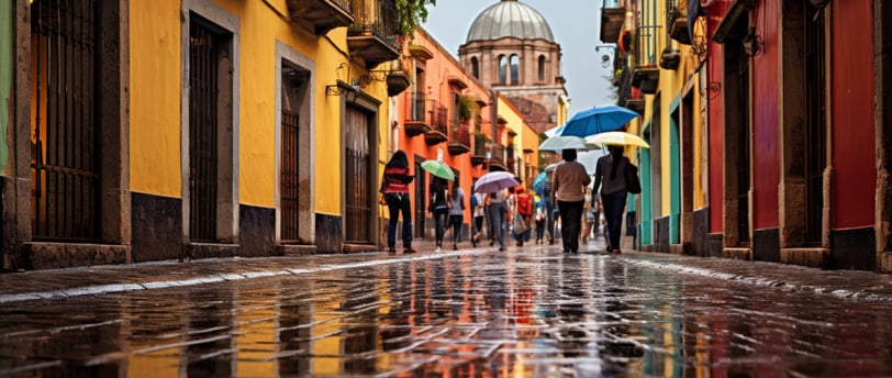 a group of people walking down a street in Mexico after the rain