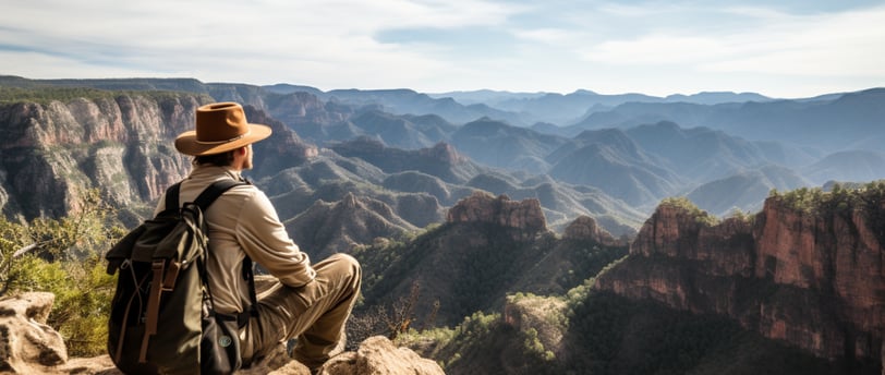 a man in a hat and a backpack looking at the Copper Canyon in Mexico