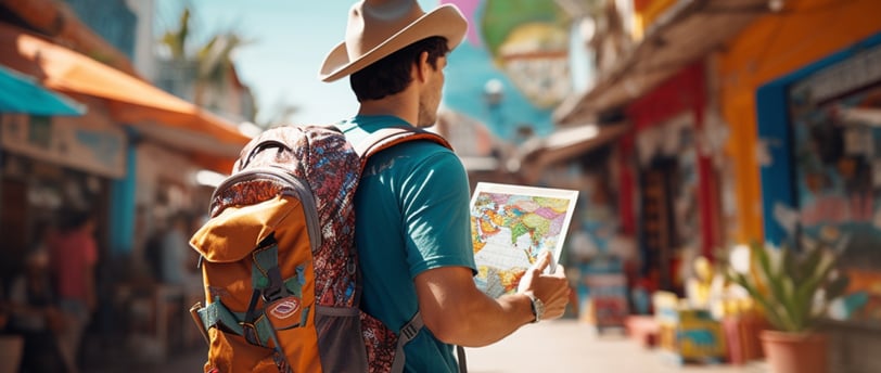 a man in a hat with a backpack and map