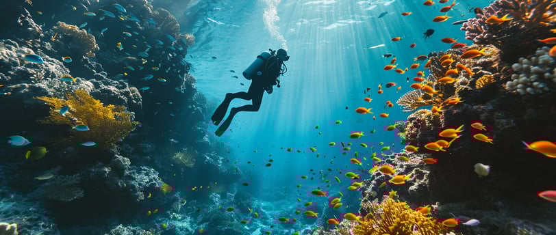 a person in a scuba suit is swimming in the Mesoamerican Barrier Reef