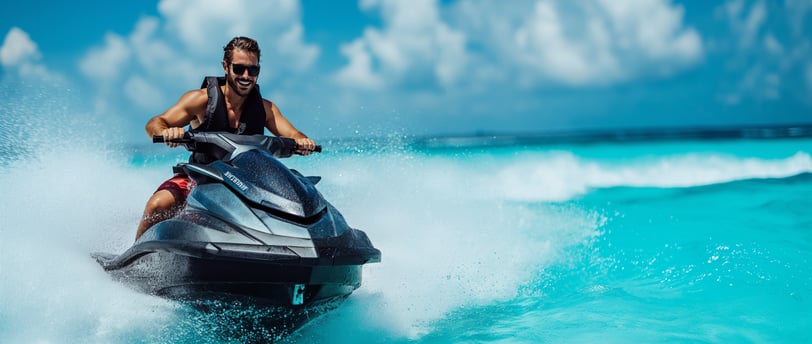 a man  riding a jet ski in the crystal-clear waters of Cancun
