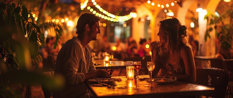 a man and woman sitting at a table with candles