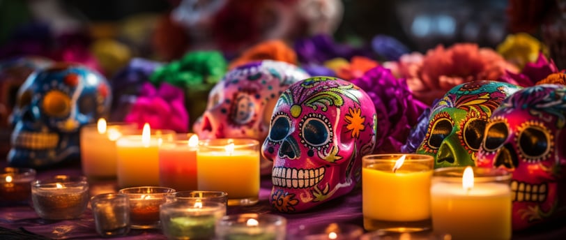 a table with candles for Dia de los Muertos