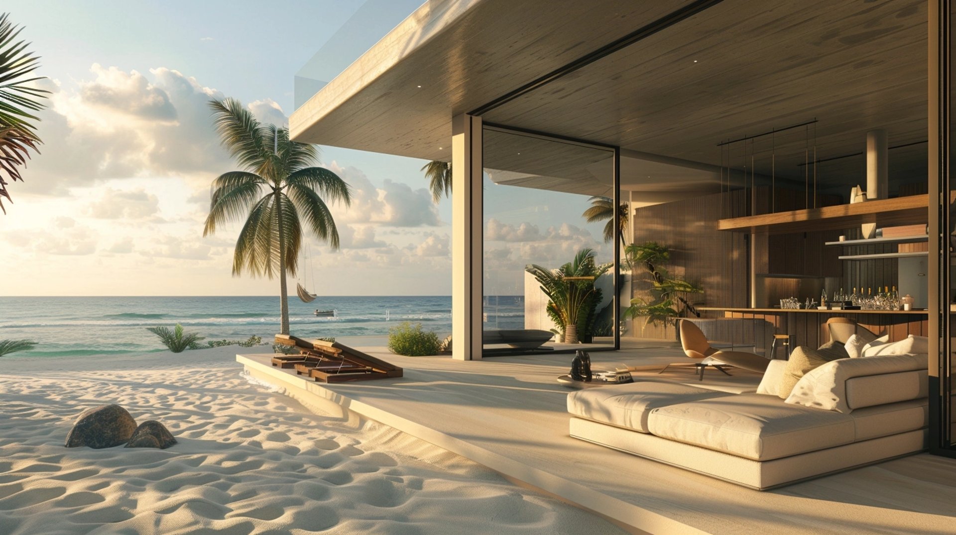 A charming beach house overlooking the serene ocean, framed by gentle waves and a clear blue sky.
