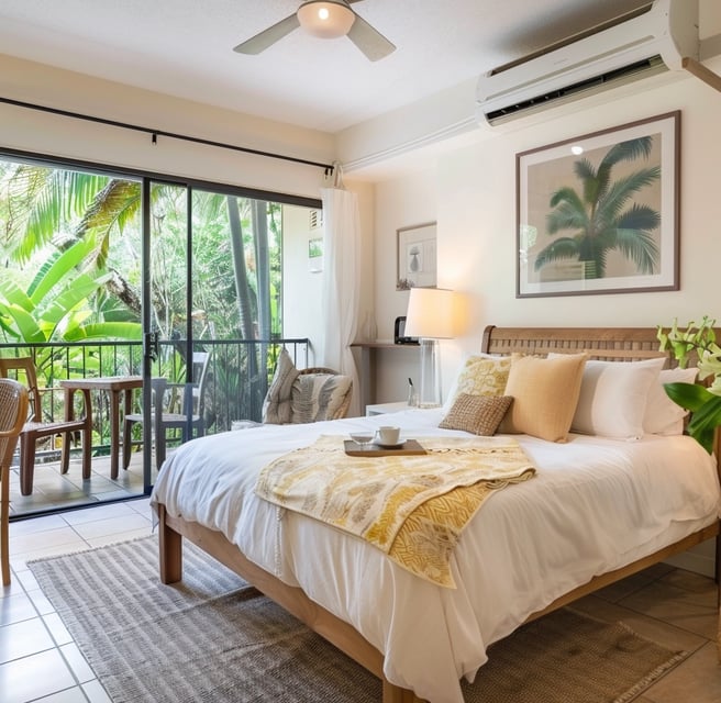 a bedroom with ac, picture on wall and a large balcony