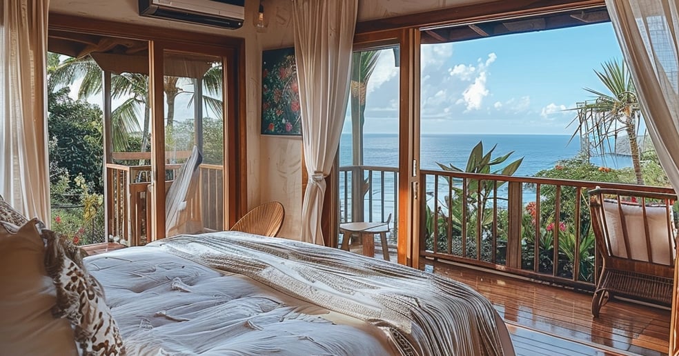 A serene bedroom featuring a bed and a stunning view of the ocean through large windows, inviting relaxation and tranquility.