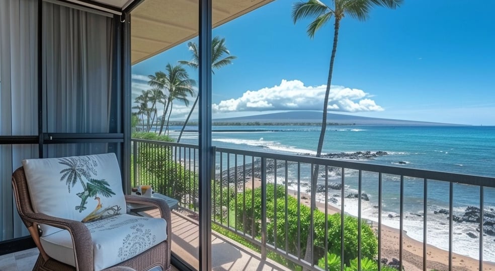 A serene balcony view showcasing the ocean waves and sandy beach under a clear blue sky.