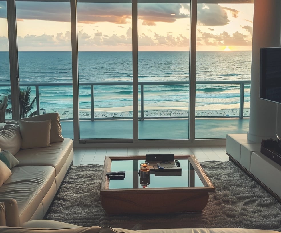 A cozy living room featuring large windows that showcase a stunning view of the ocean beyond.