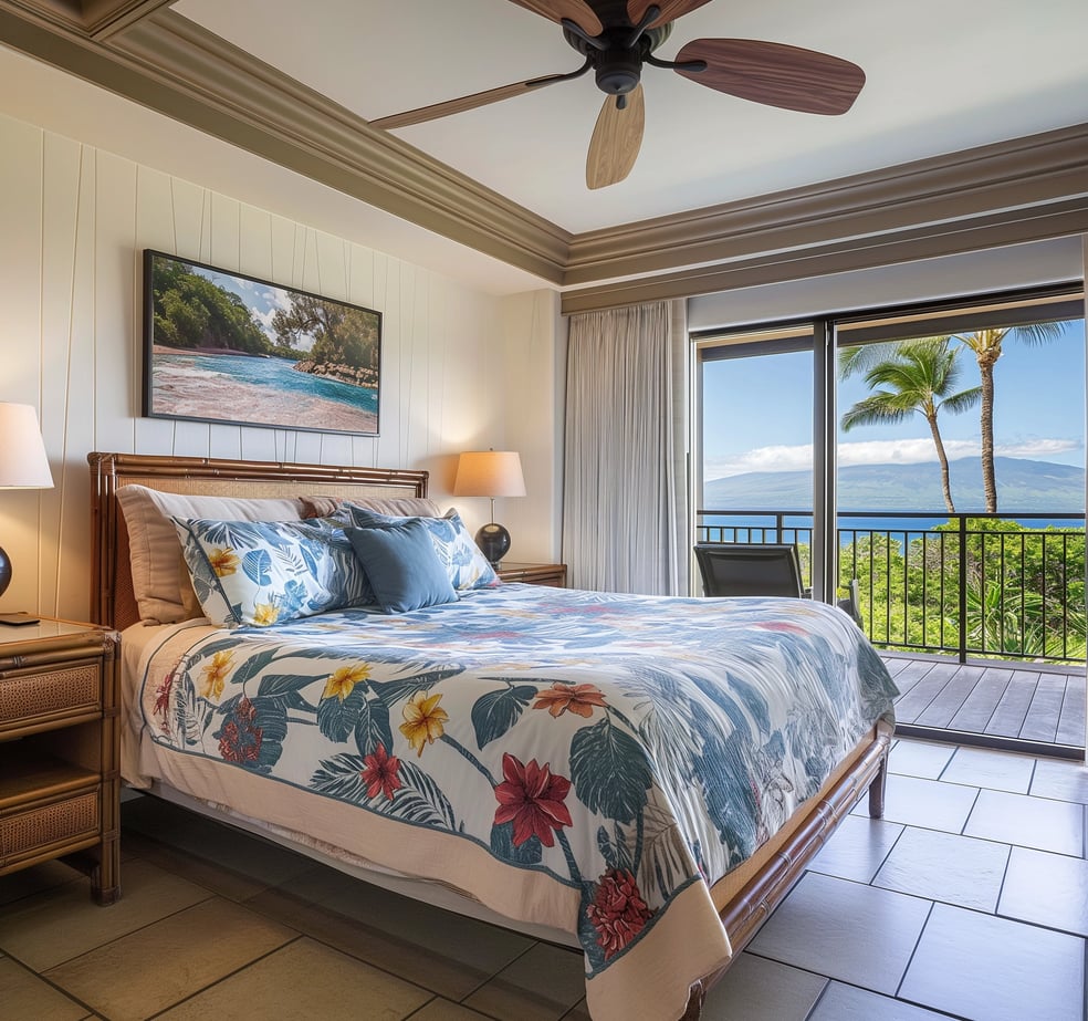A spacious bedroom featuring a large bed and a stunning view of the ocean through expansive windows.