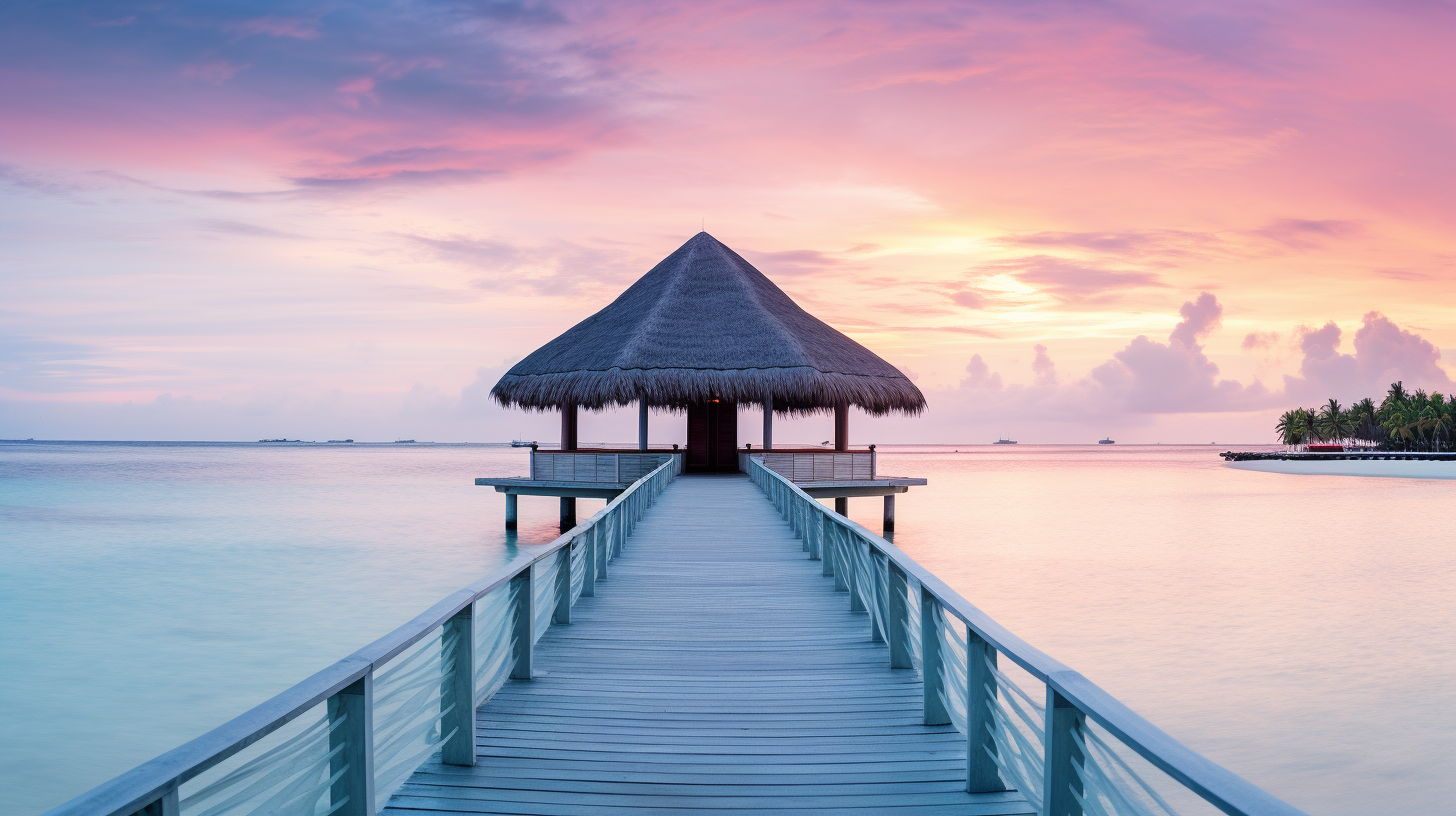 a serene dawn over the Maldives with the sun