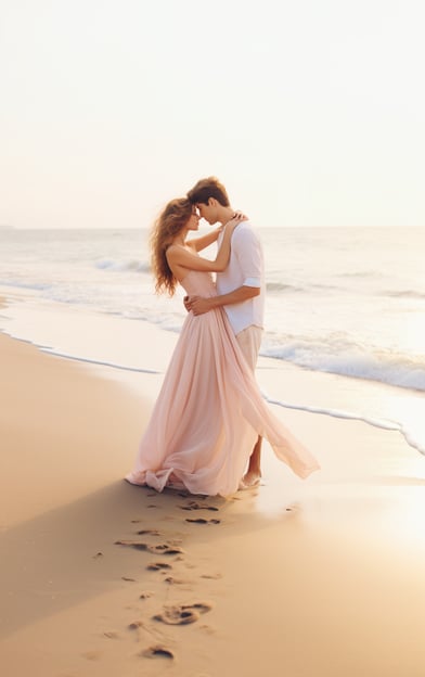 A young couple on their honeymoon embracing gently A young couple on their honeymoon embracing gently