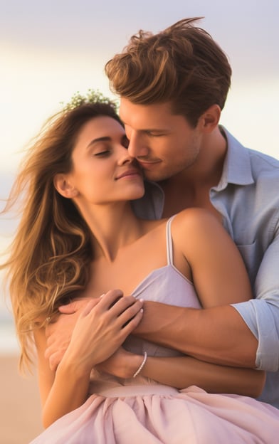 A young couple on their honeymoon embracing gently A young couple on their honeymoon embracing gently