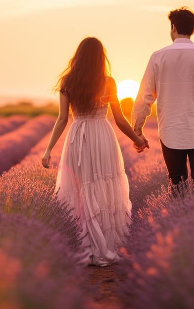 Honeymooners walking hand in hand through a lavender field Honeymooners walking hand in hand through a lavender field